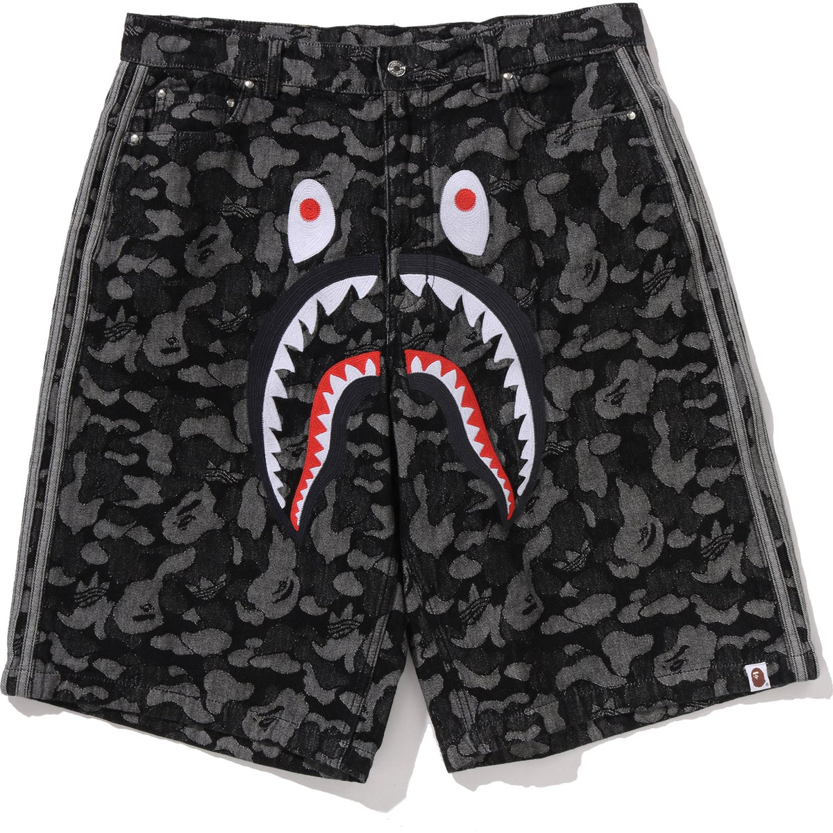 BAPE X ADIDAS CAMO JACQUARD SHARK DENIM JORTS MENS