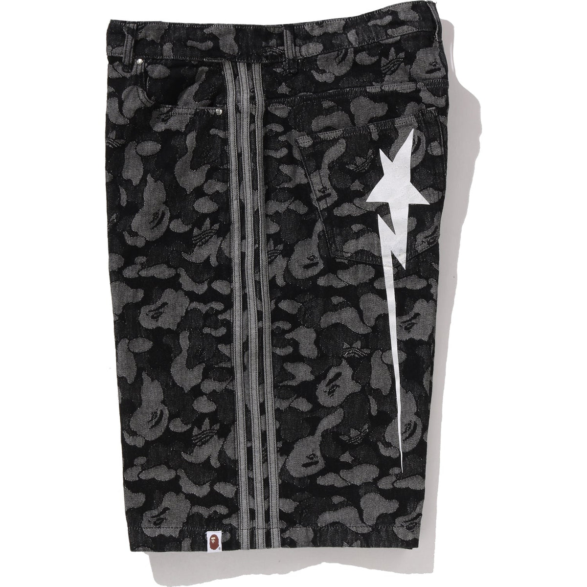 BAPE X ADIDAS CAMO JACQUARD SHARK DENIM JORTS MENS