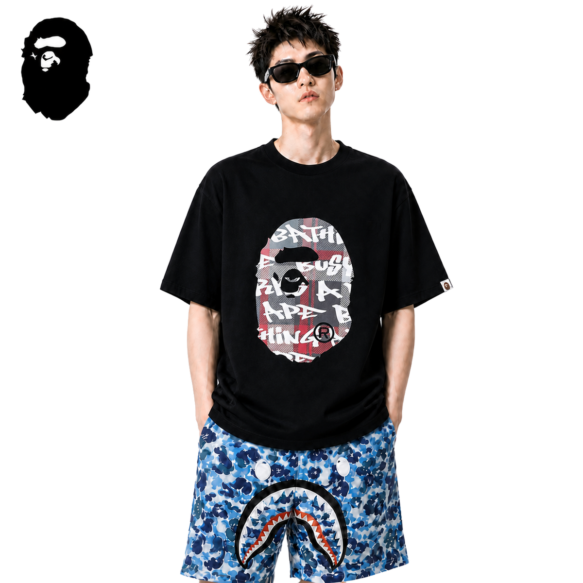 BAPE Red Stroke Camo Big Ape Head Men's T-Shirt - Black
