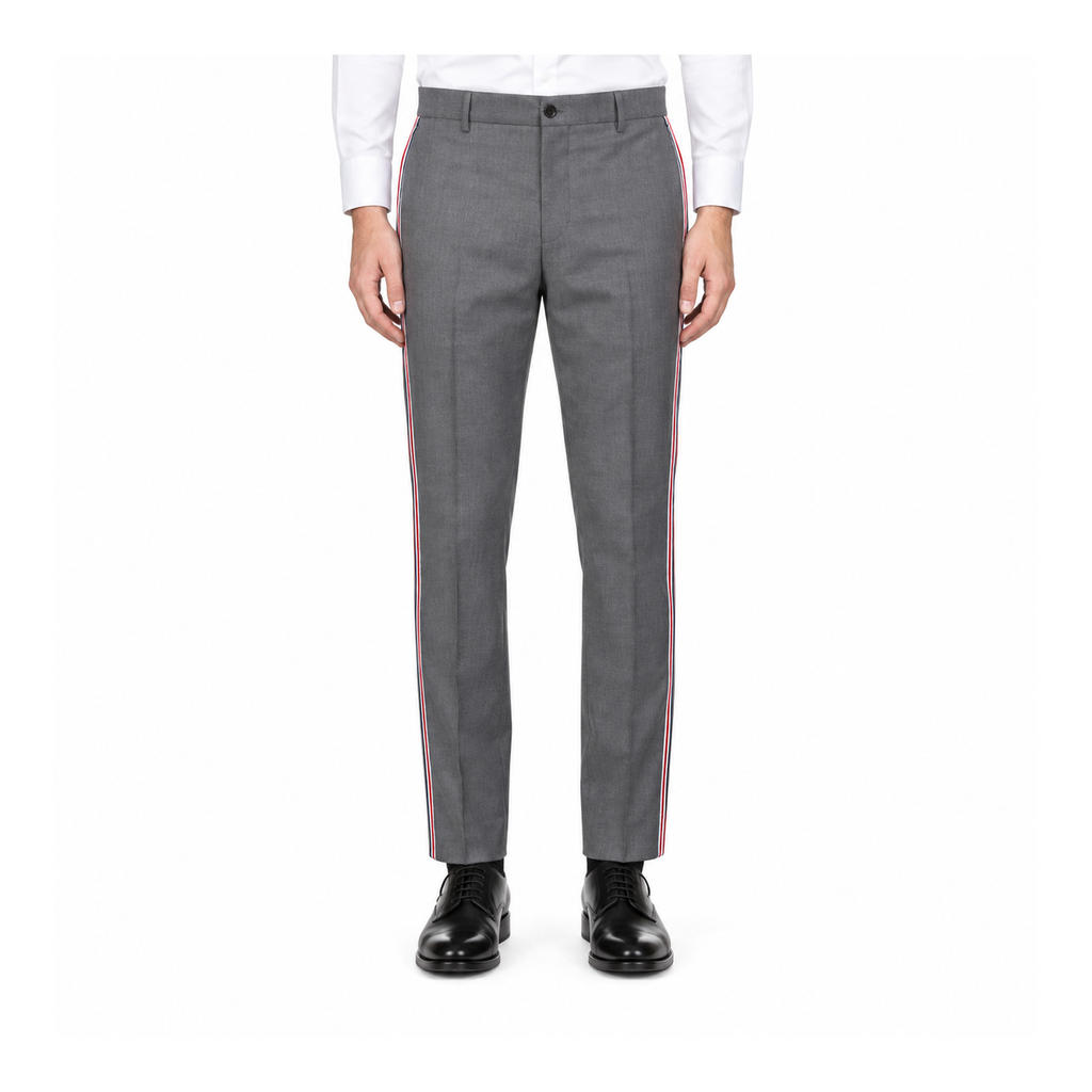 Thom Browne Style Men's Casual Trousers - 100% Wool with Adjustable Backstrap with Signature Four-Bar...