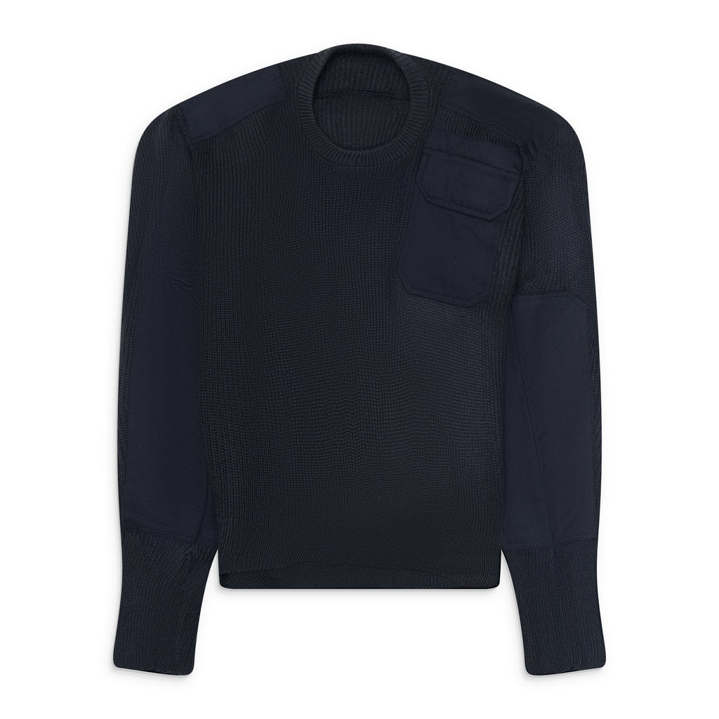 Blue Moved Neckline Military Knit Sweater