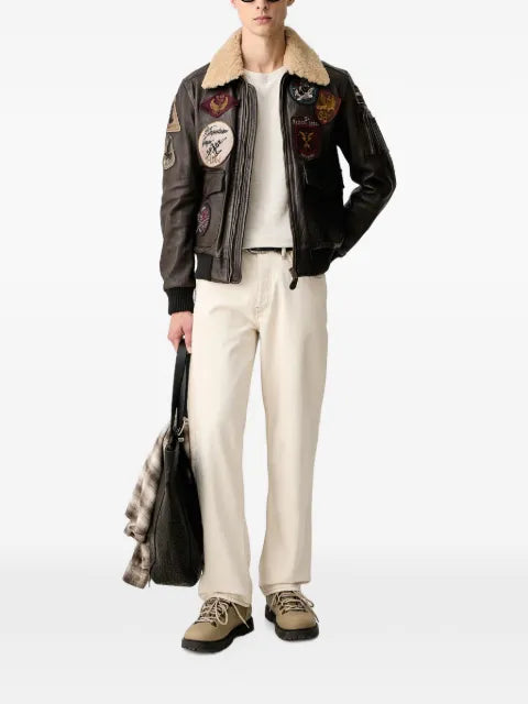 Aeronautica Militare patch-detail shearling-collar leather jacket