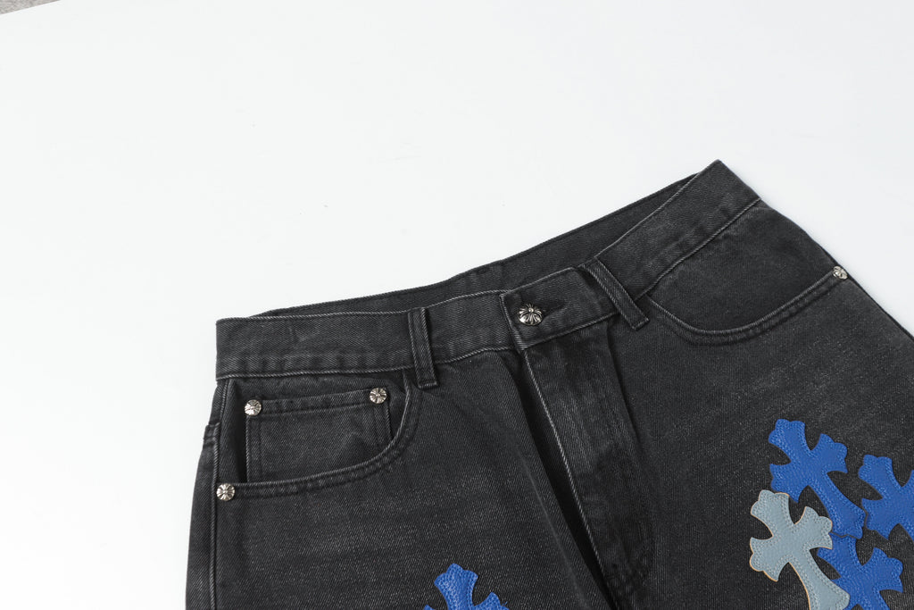 Chrome Hearts Grey & Blue Leather Cross Patches Jeans