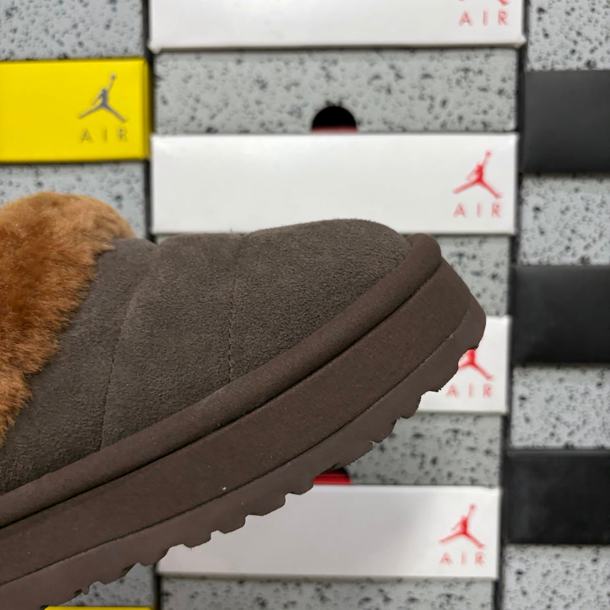 UGG Tazz Platform Slip-On Slipper – Suede Moccasin with Caramel Shearling Cuff & Chocolate Platform Sole in Chocolate