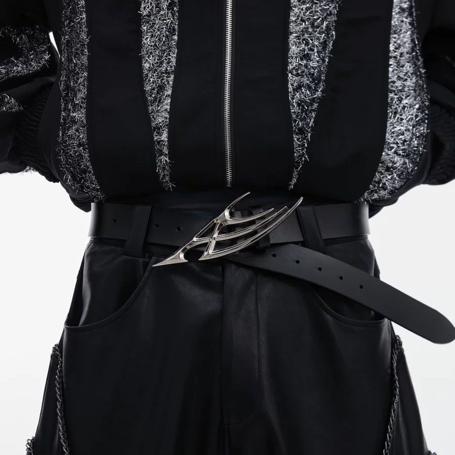 Avant-Garde Cyberpunk Leather Belt Sculptural Metal Buckle Waist Belt