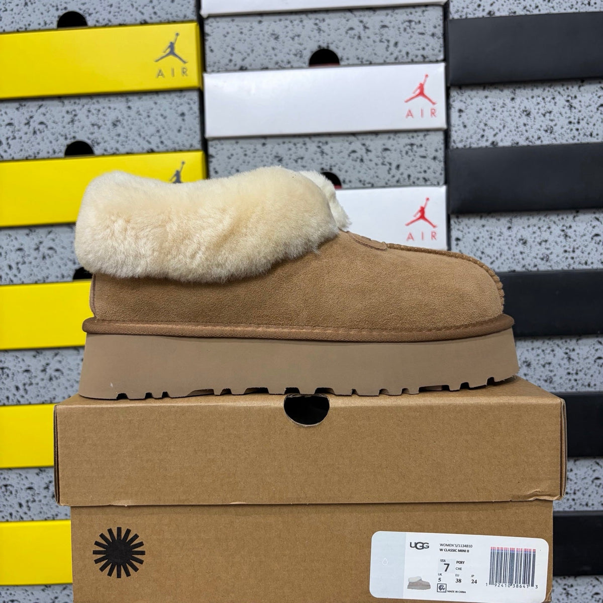 UGG Tazz Platform Slipper Boot with Cream Shearling Collar, Moccasin Toe Stitch & UGG Badge in Chestnut