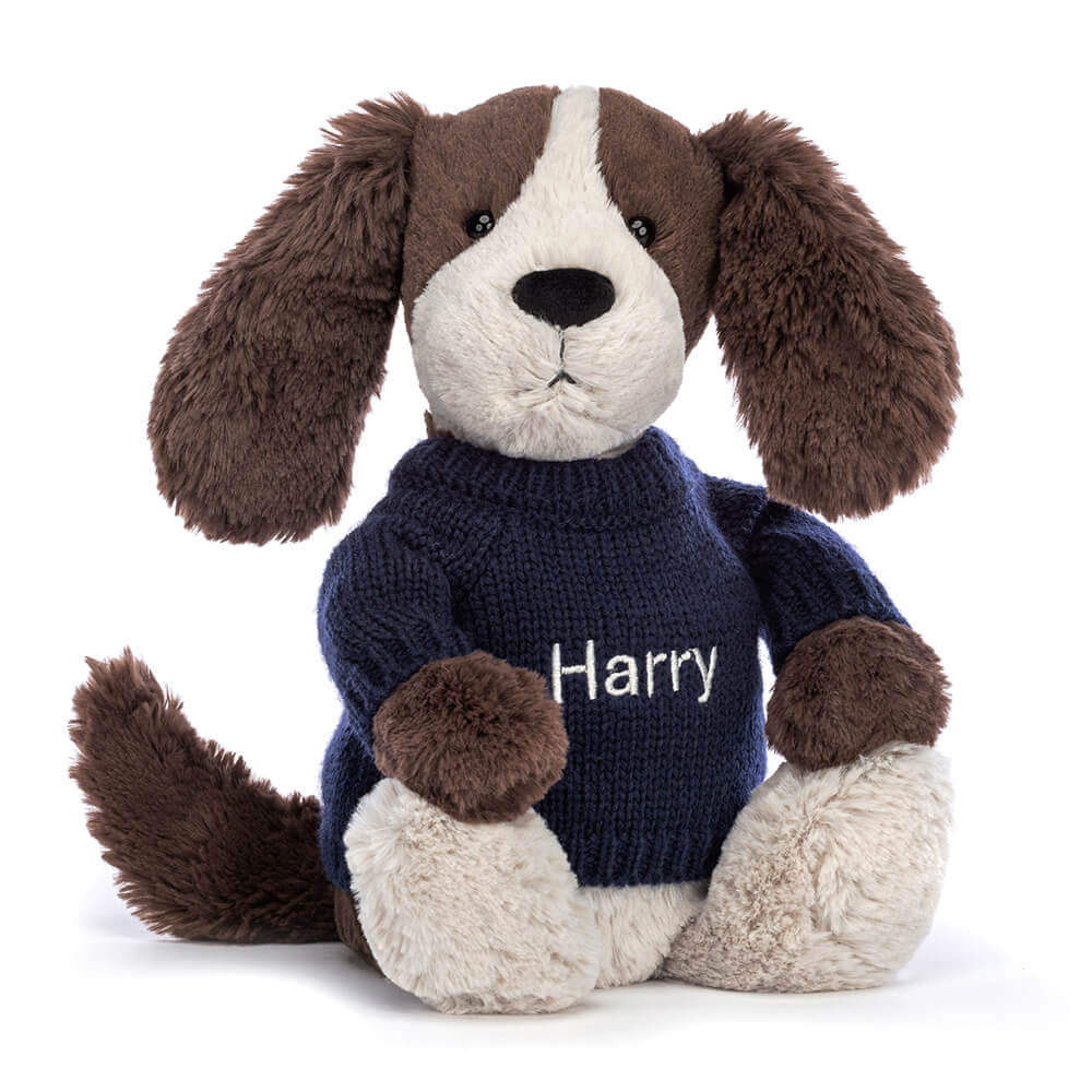 Bashful Fudge Puppy with Personalized Navy Jumper