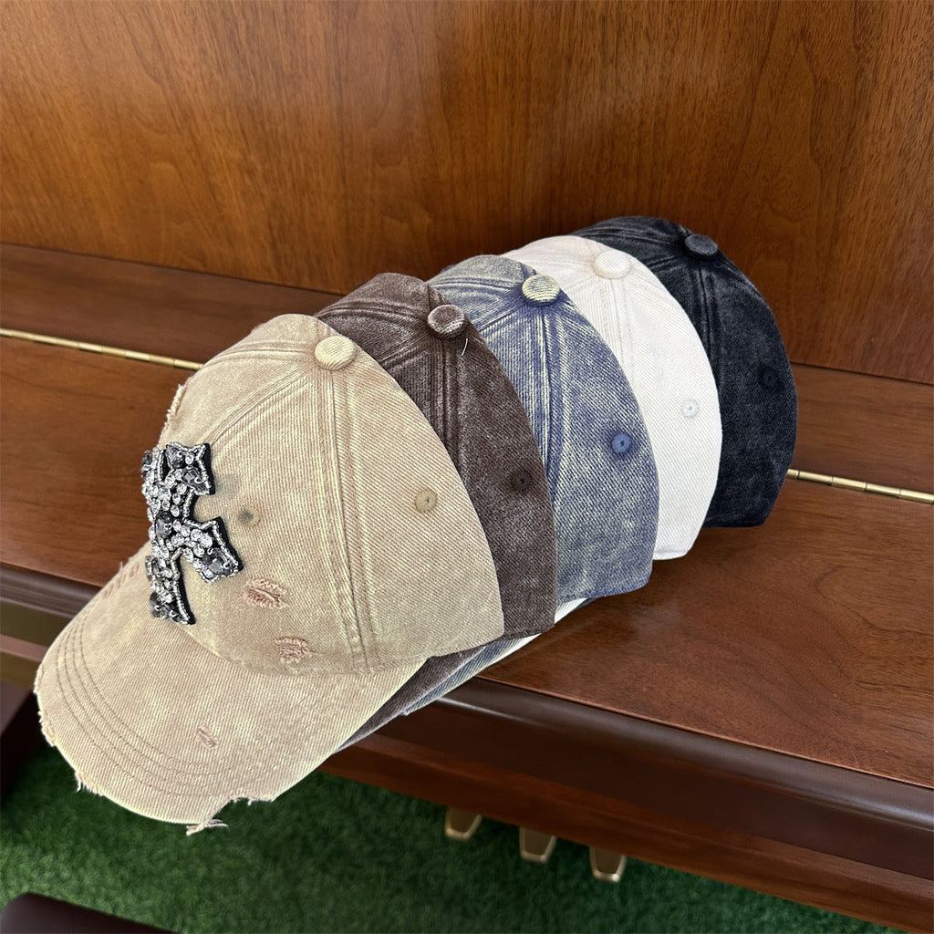 Rhinestone Cross Distressed Washed Denim Baseball Cap Multi‑Color