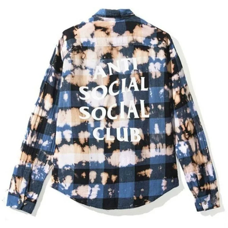 Anti Social Social Club Blue Bleached Tie‑Dye Plaid Flannel Shirt