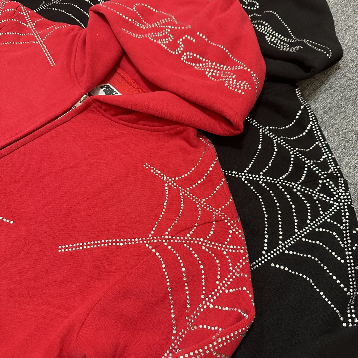 Sp5der Rhinestone Spiderweb Zip Hoodie & Pants Matching Set