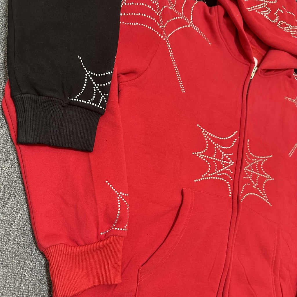 Sp5der Rhinestone Spiderweb Zip Hoodie & Pants Matching Set
