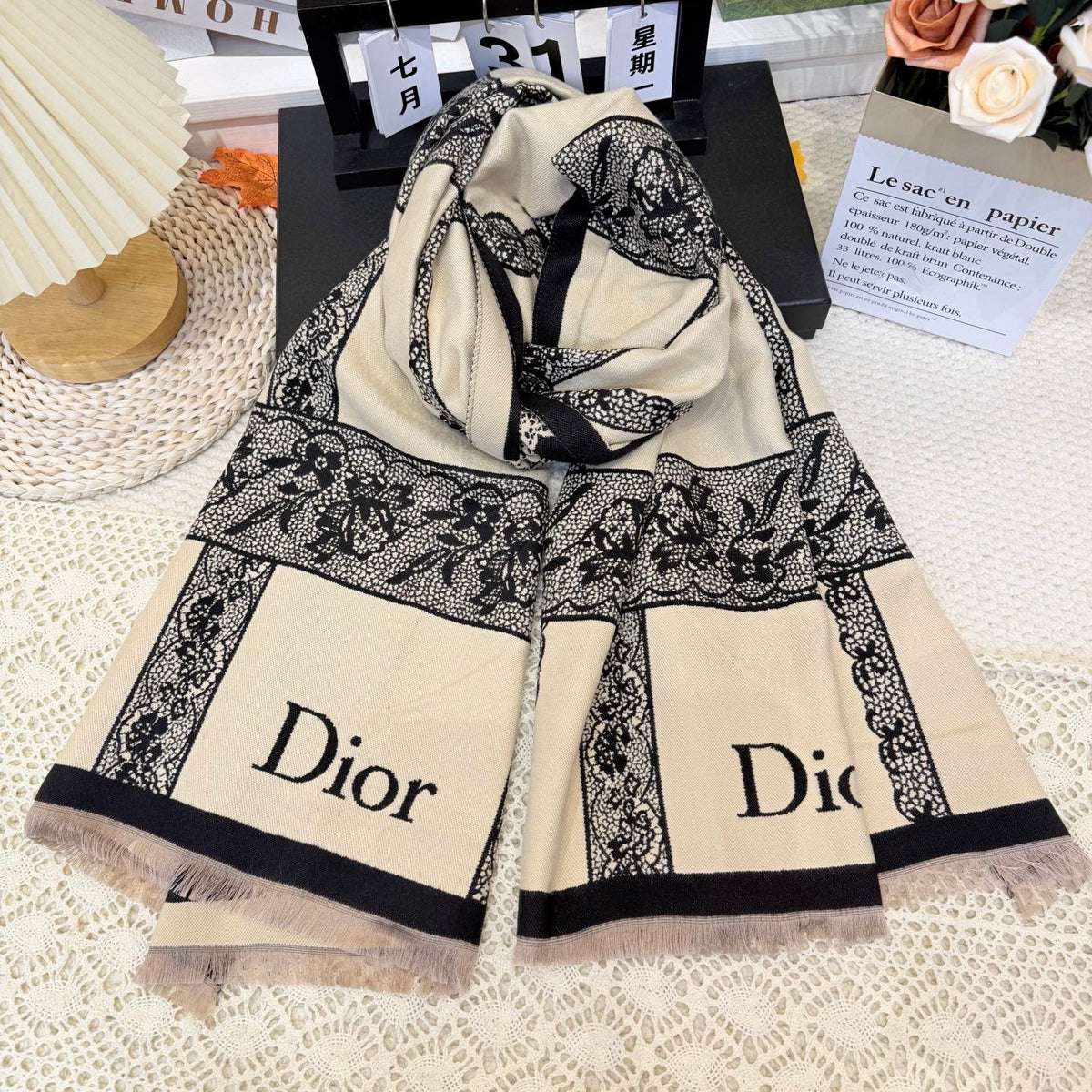 Dior Style Toile Fringe Scarf