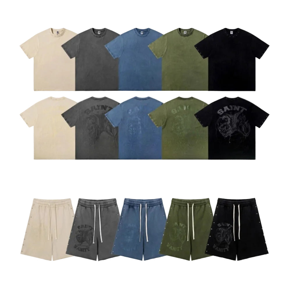 Saint Vanity Washed Rivet Oversized Tee & Shorts Set Streetwear