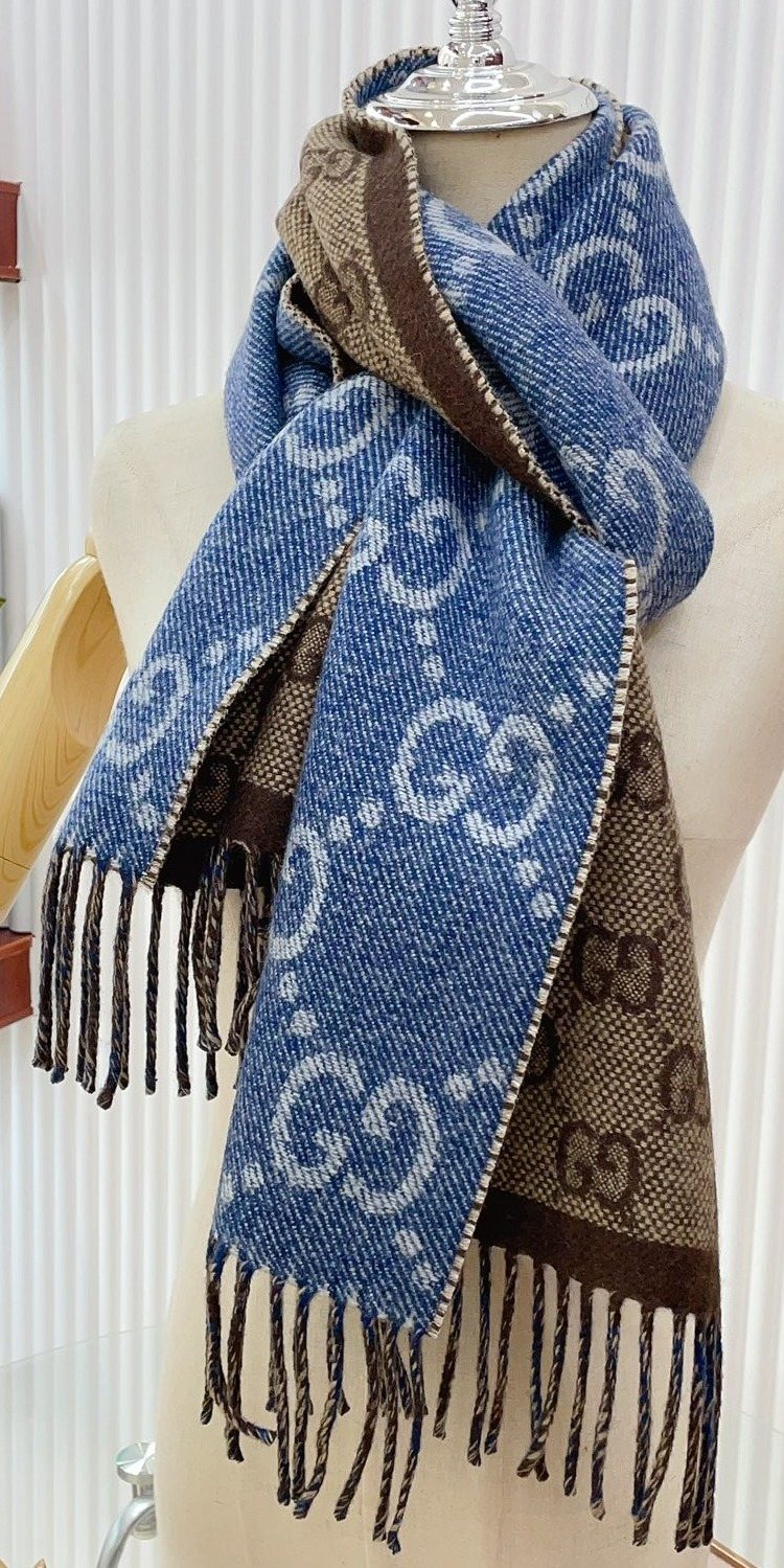 Gucci Reversible Blue and Brown Fringed Scarf