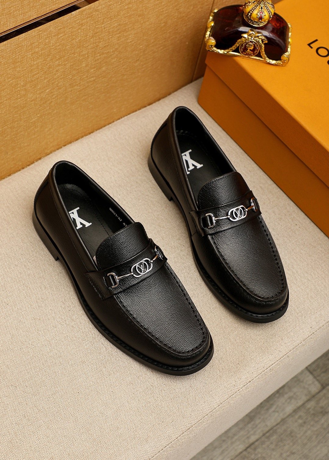 Louis Vuitton Black Textured Metal-Bit Loafers