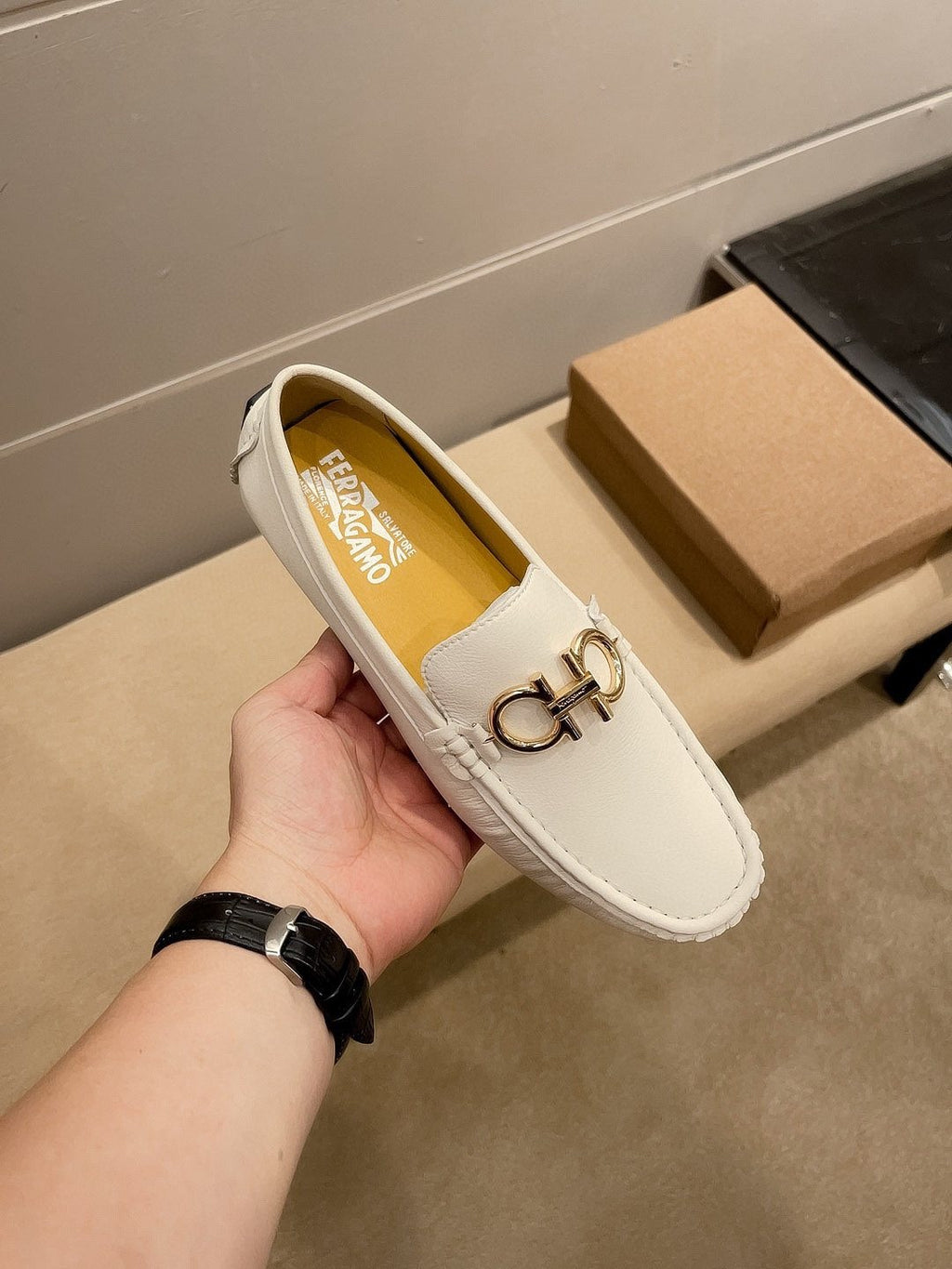 Ferragamo Men's White Hardware Loafers