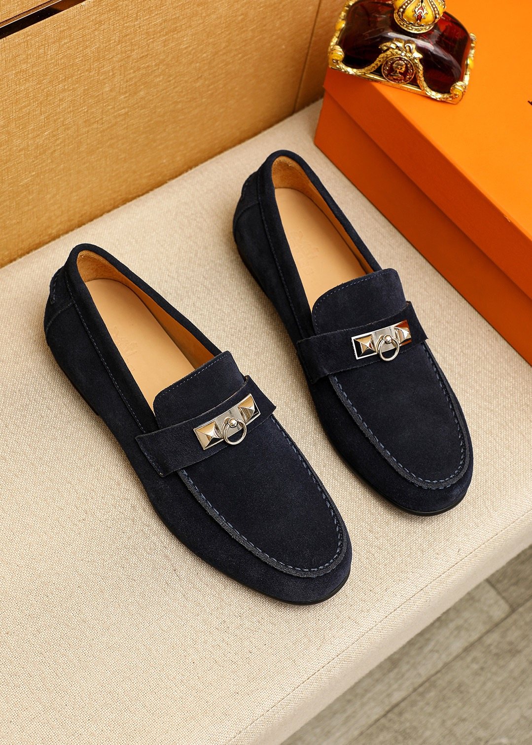 Hermès Suede-Finish Buckle Loafers