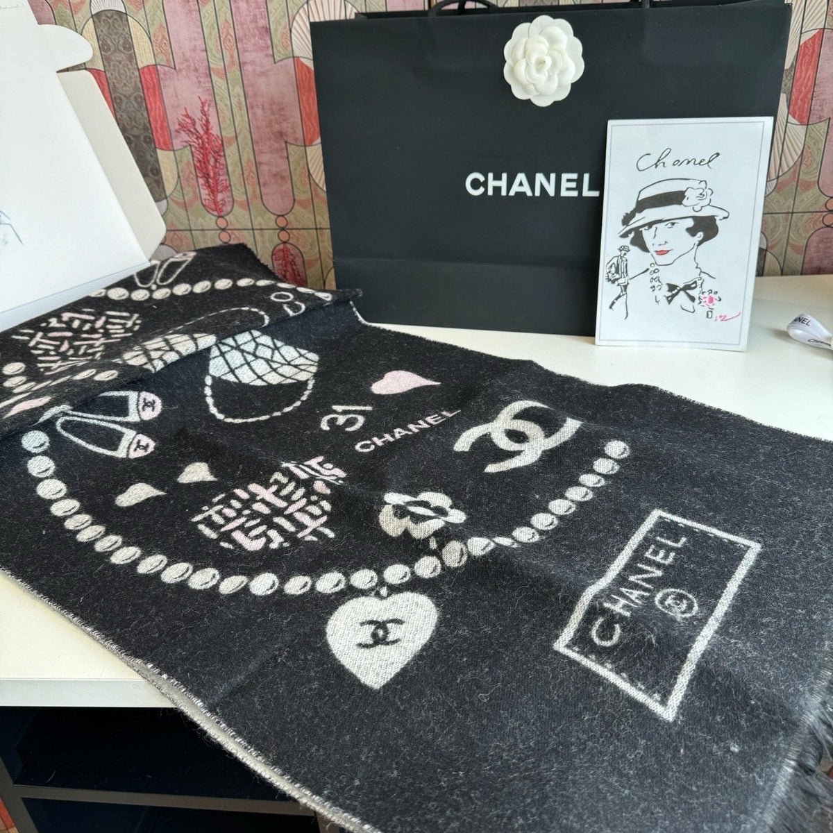 Chanel Pearl Motif Fringe Scarf